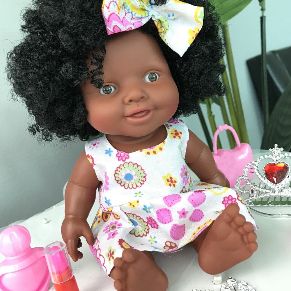 Black doll simulation children's toy soft vinyl doll 20cm black curly baby playmate