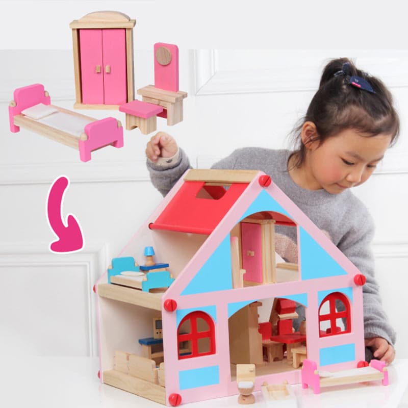 Wholesales 2023  kids DIY wooden doll villa house develop kids intelligence