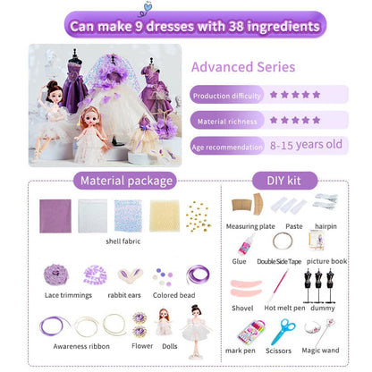 Children DIY Handmade Material KIT Girls Princess Doll Clothes Clothing Design Sewing Kit for Girls DIY Clothes Design Tool Gift